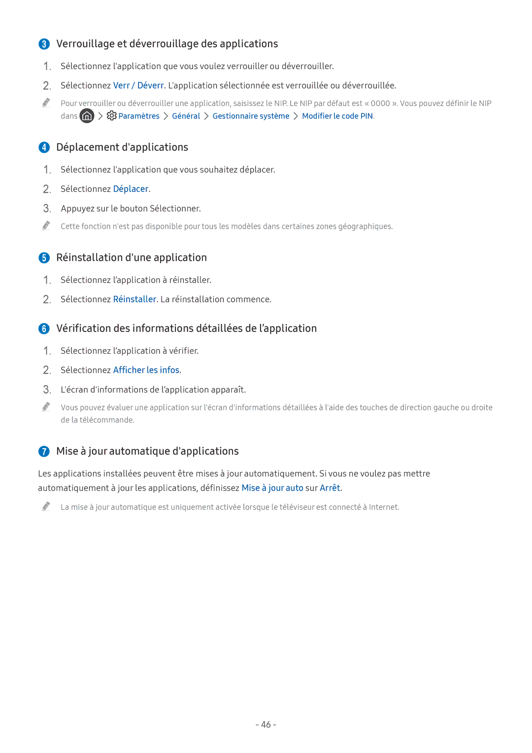 Samsung UE55MU6405UXXC, UE40MU6455UXXC manual  Verrouillage et déverrouillage des applications,  Déplacement dapplications 